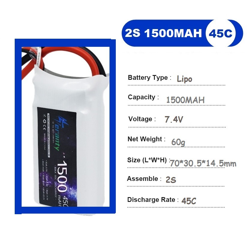 2PCS 7.4V Lipo 2S Battery 1500 - Drone Racing Battery avis et prix